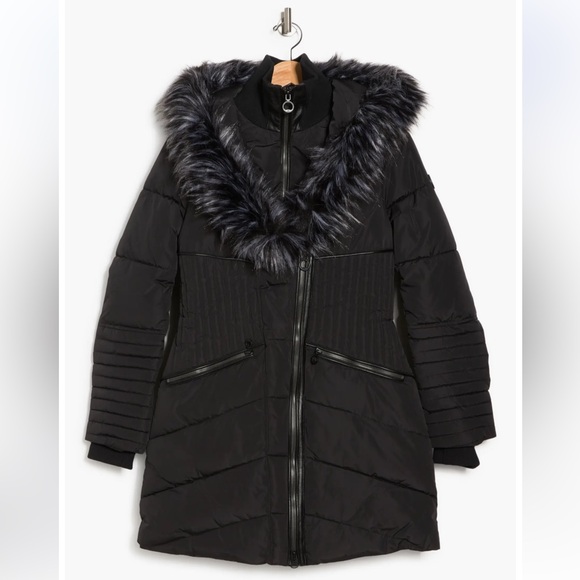 Black Quilted Puffer Coat Parka - Faux Fur Hood - Belted Waist - Picture 14 of 17